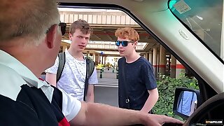 Obedient twinks tormented and fucked in ballpark behind foursome